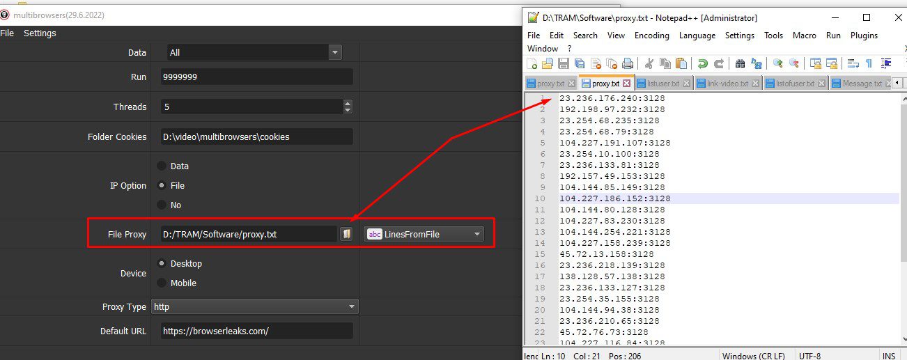 Dẫn file lưu proxy vào mục File proxy - Phần mềm Multibrowser