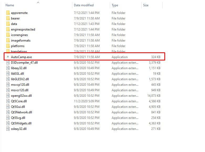 Nhấn vào file có đuôi ".exe" để mở phần mềm Autocamp