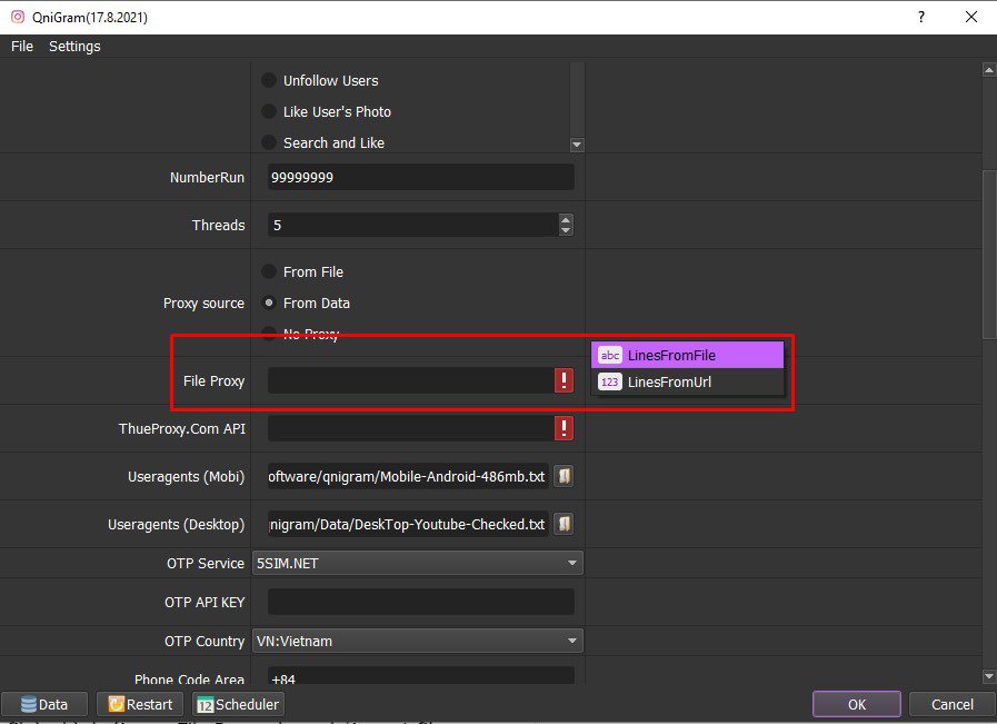 Chọn Proxy từ file - Phần mềm Instagram