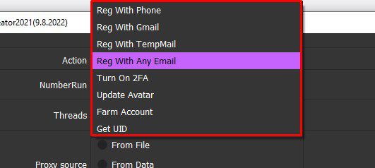 Các chức năng của tool reg nick Facebook