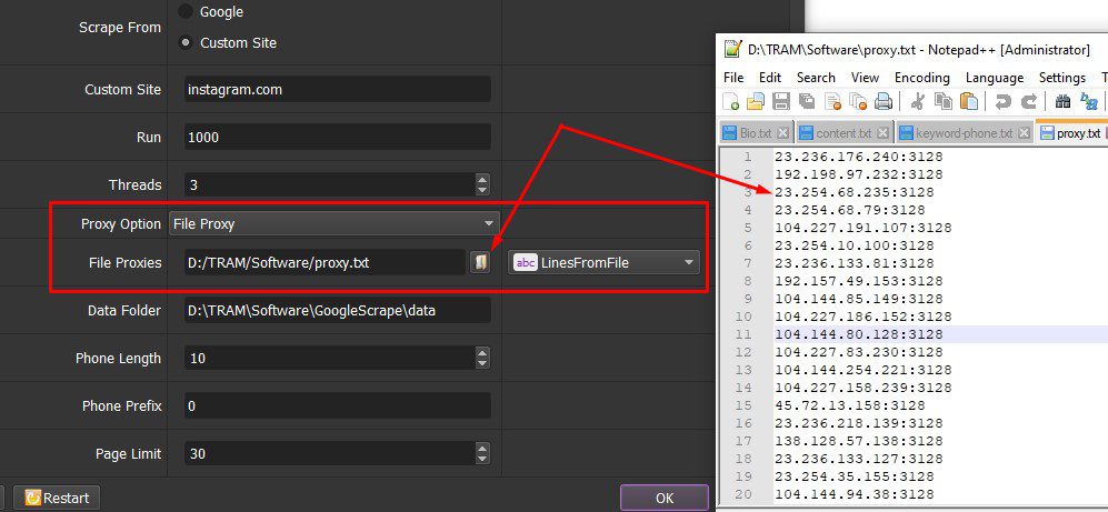 Chọn file proxy đã lưu - Phần mềm Google Scraper