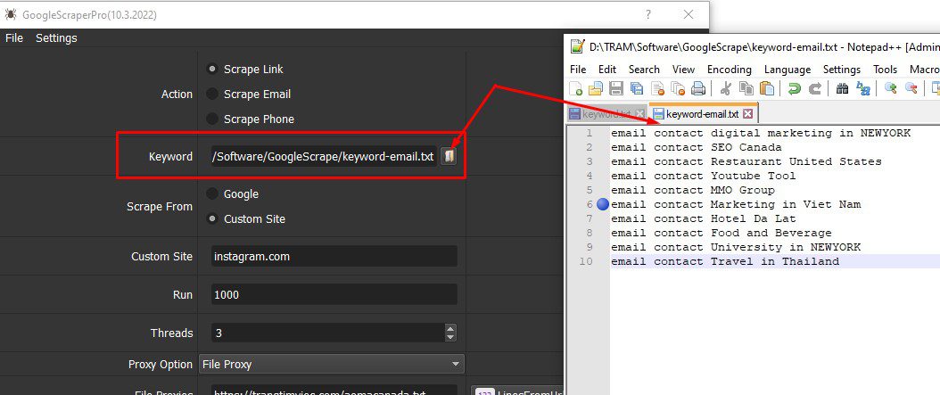 Từ khóa để thu thập email - Phần mềm Google Scraper