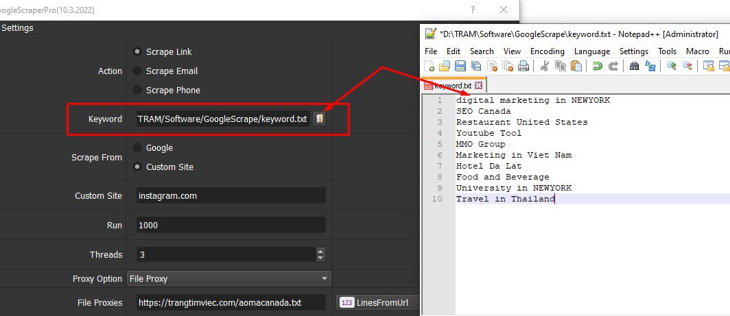 Tạo file lưu từ khóa cần thu thập link - Google Scraper