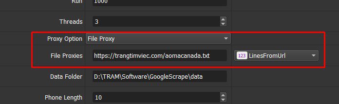 Dán link đường dẫn thuê proxy - Phần mềm Google Scraper