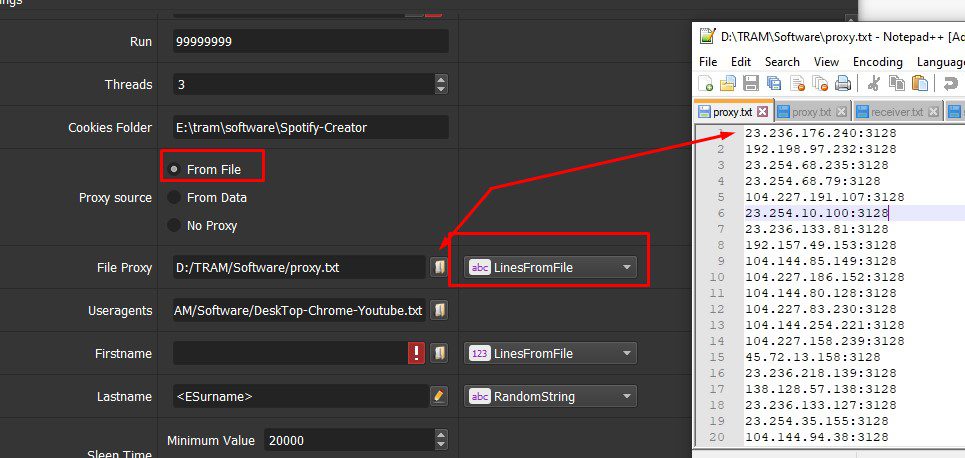 Chọn proxy từ file - Tool tạo tài khoản Spotify