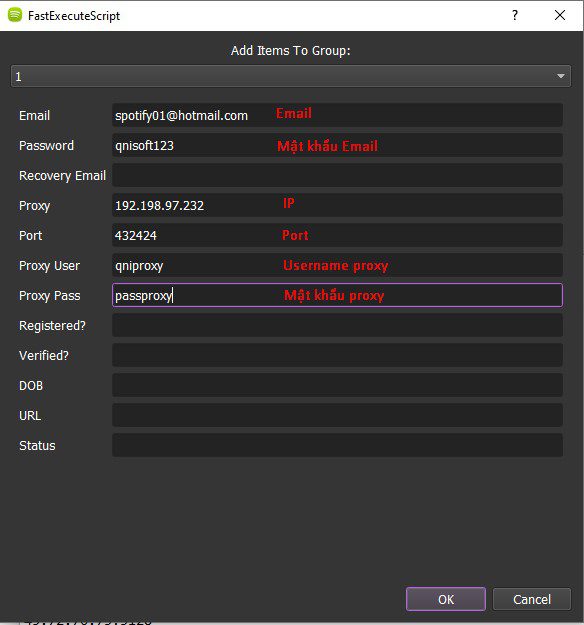 Nhập tài khoản Email vào tool tạo tài khoản Spotify