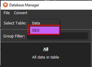 Chọn SEO ở mục Seclect Table - Tool SEO Shopee
