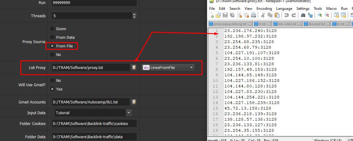 Dẫn tới file proxy vào phần mềm Backlink Traffic