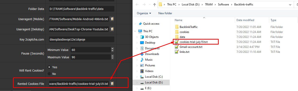 Dẫn tới file thuê cookies đã tải về - Phần mềm Backlink Traffic