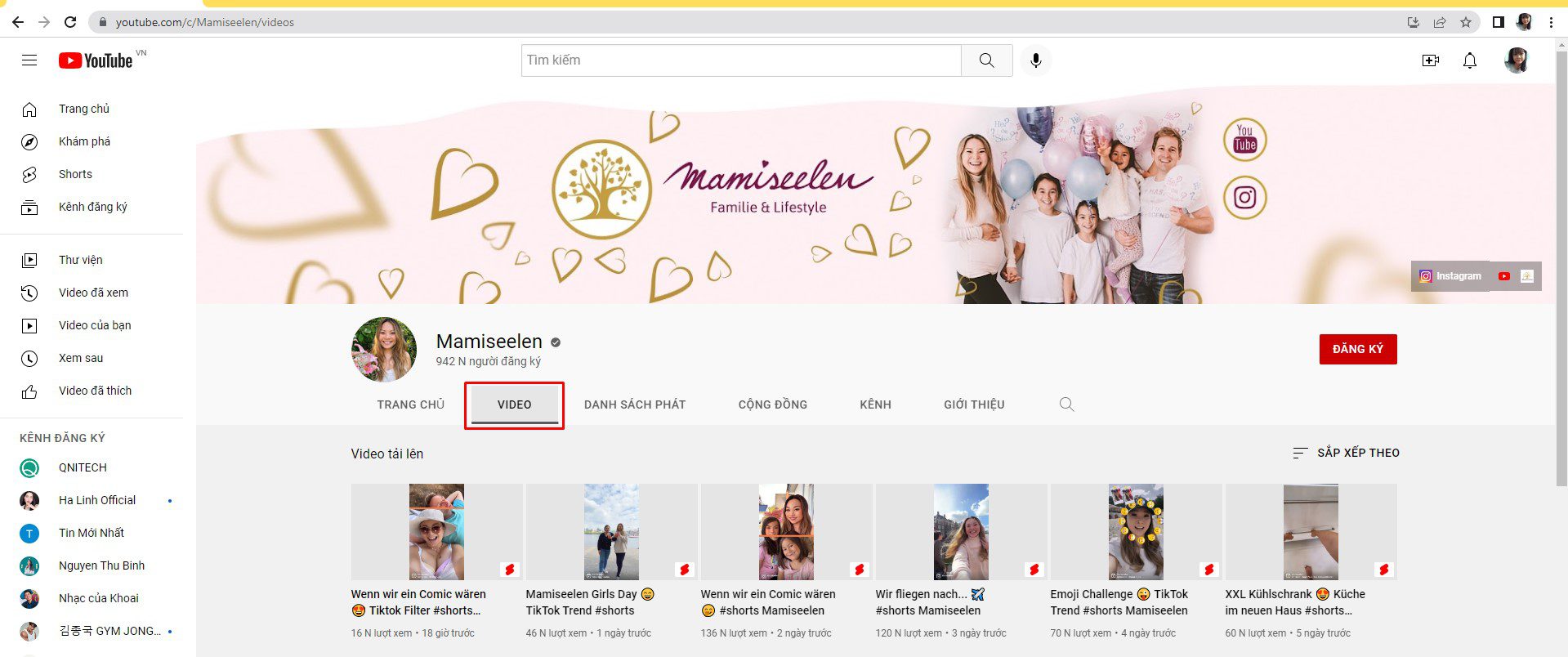 Vào mục video trong kênh Youtube