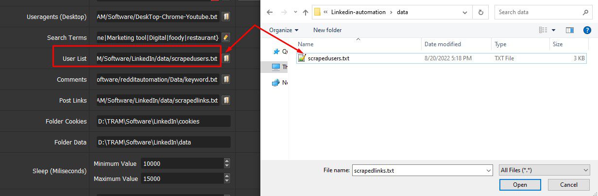 Dẫn tới file lưu người dùng LinkedIn - Phần mềm LinkedIn Automation