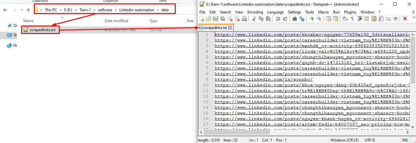 Kết quả link bài đăng thu thập được - Phần mềm LinkedIn Automation
