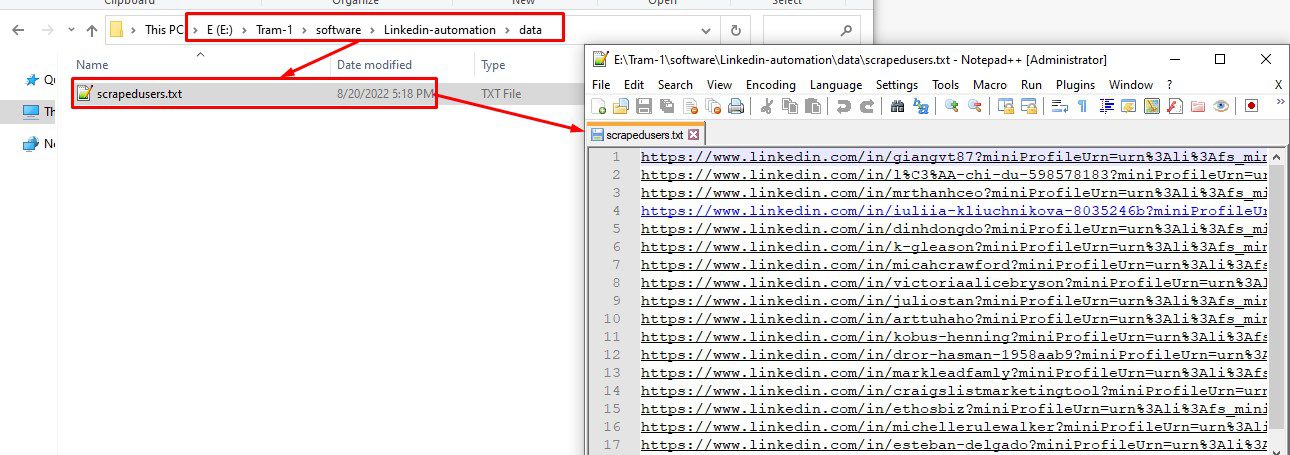 Kết quả link người dùng thu thập được - LinkedIn Automation