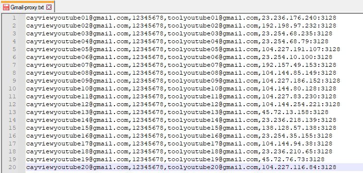 Danh sách Gmail - Phần mềm cày view Youtube