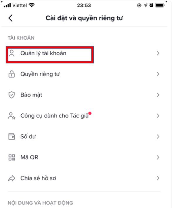 Nhấn vào quản lý tài khoản - Cách bật kiếm tiền trên Tiktok