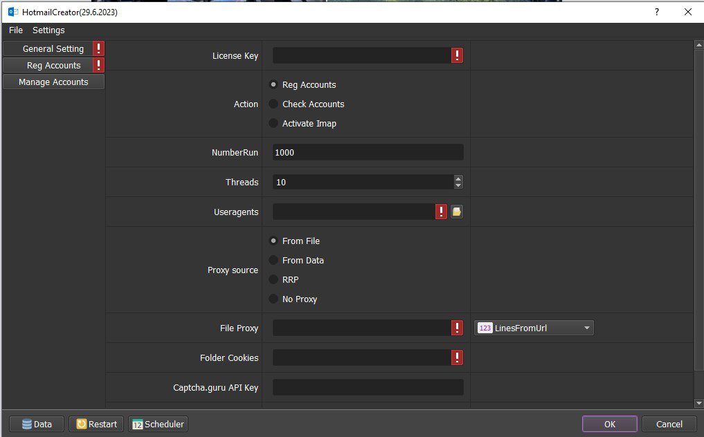 Giao diện tool reg Hotmail hàng loạt
