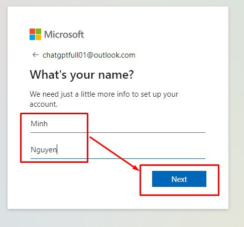 Nhập tên và họ để đăng ký nick Hotmail