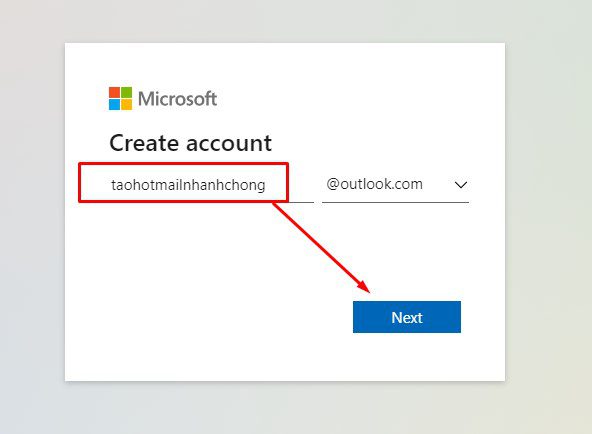 Nhập tên để tạo tài khoản Hotmail