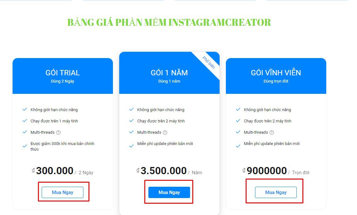 Nhấn MUA NGAY gói phần mềm InstagramCreator