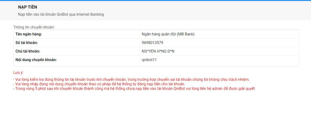 Chuyển khoản vào website để mua tool InstagramCreator