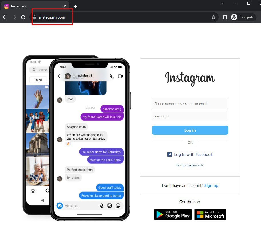 Đăng nhập vào website Instagram