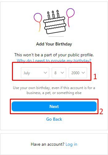 Nhập ngày tháng năm sinh để tạo Instagram