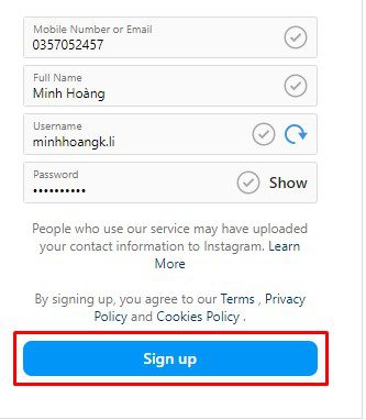 Nhập đầy đủ thông tin để tạo Instagram