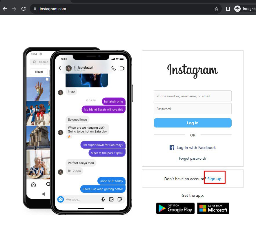 Nhấn Sign Up để tạo Instagram