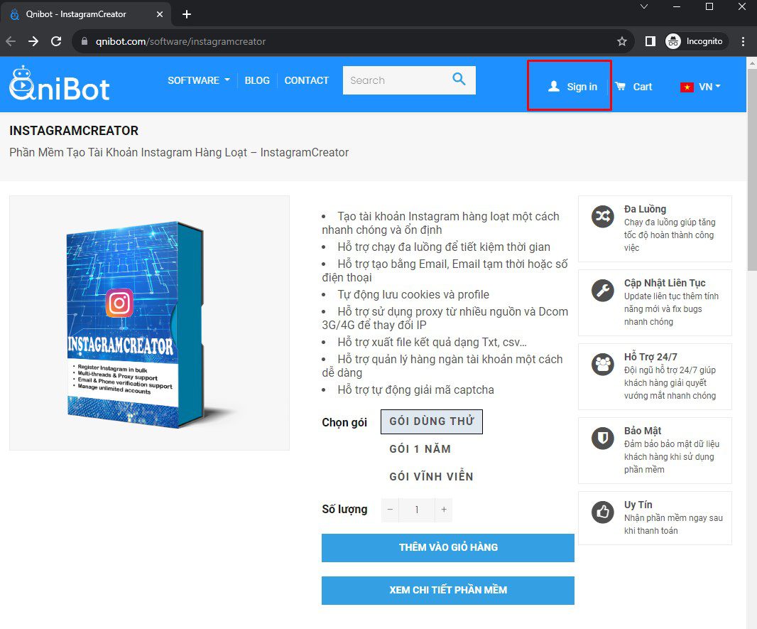 Đăng ký tài khoản ở Qnibot.com để mua tool InstagramCreator