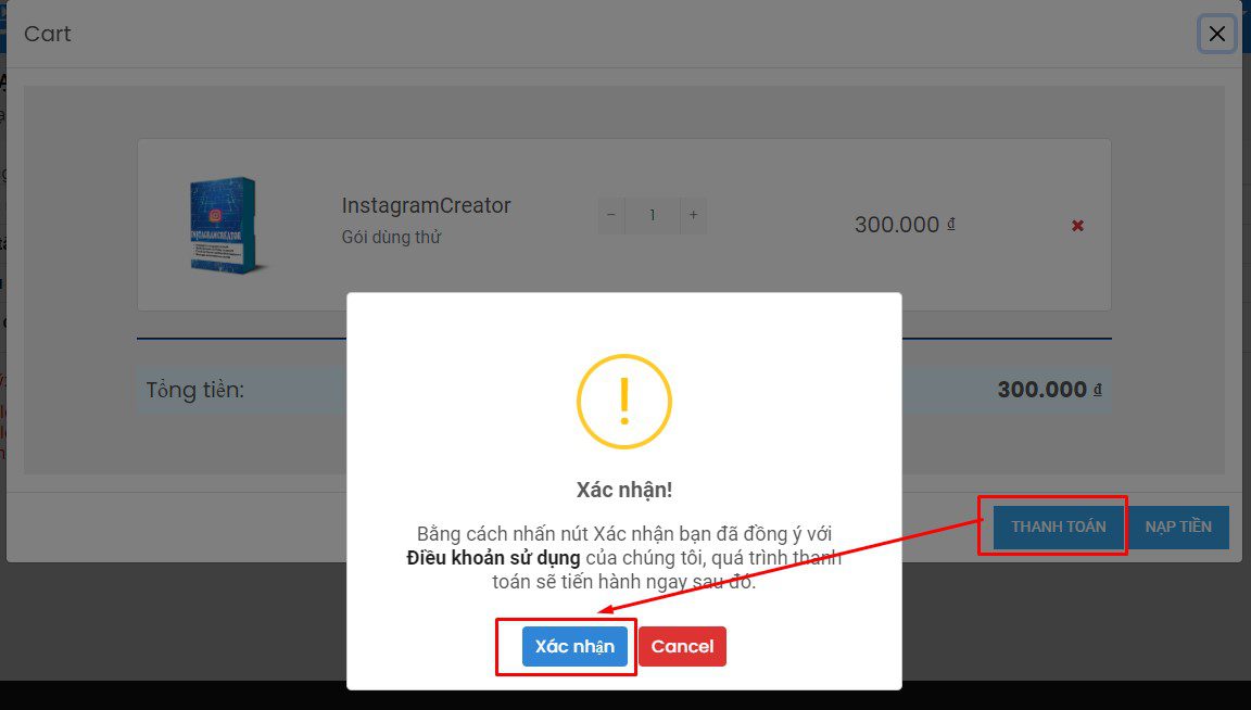 Thanh toán tool tạo Instagram