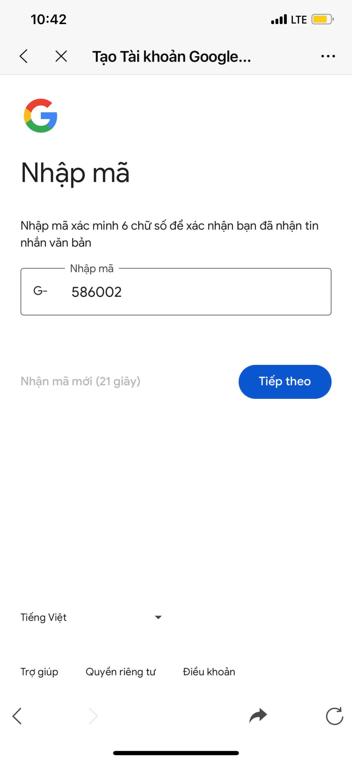 Nhập mã code để tạo tài khoản Gmail mới
