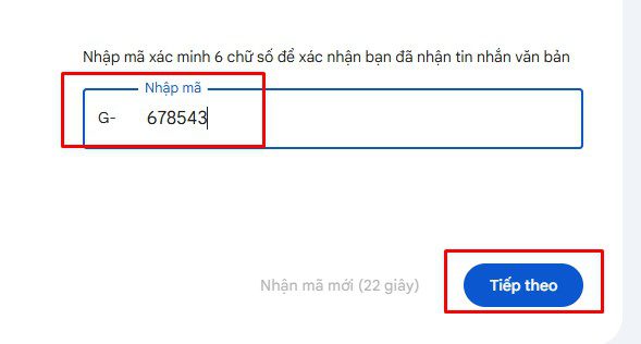 Nhập mã code để tạo tài khoản Gmail mới