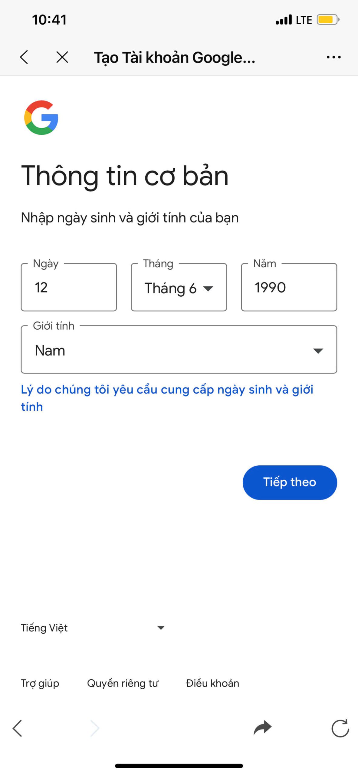 Nhập ngày tháng năm sinh để tạo tài khoản Gmail mới